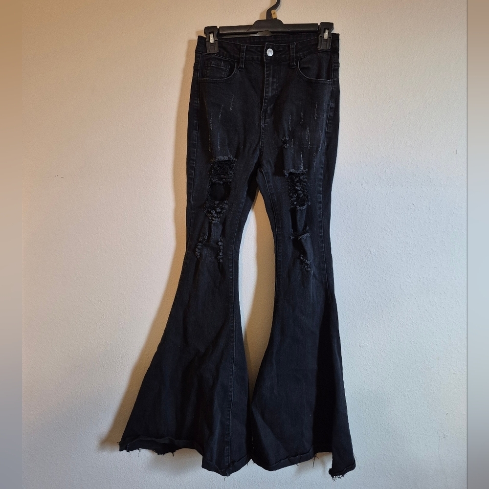 SHEIN Black Flare Jeans with Distressed Details